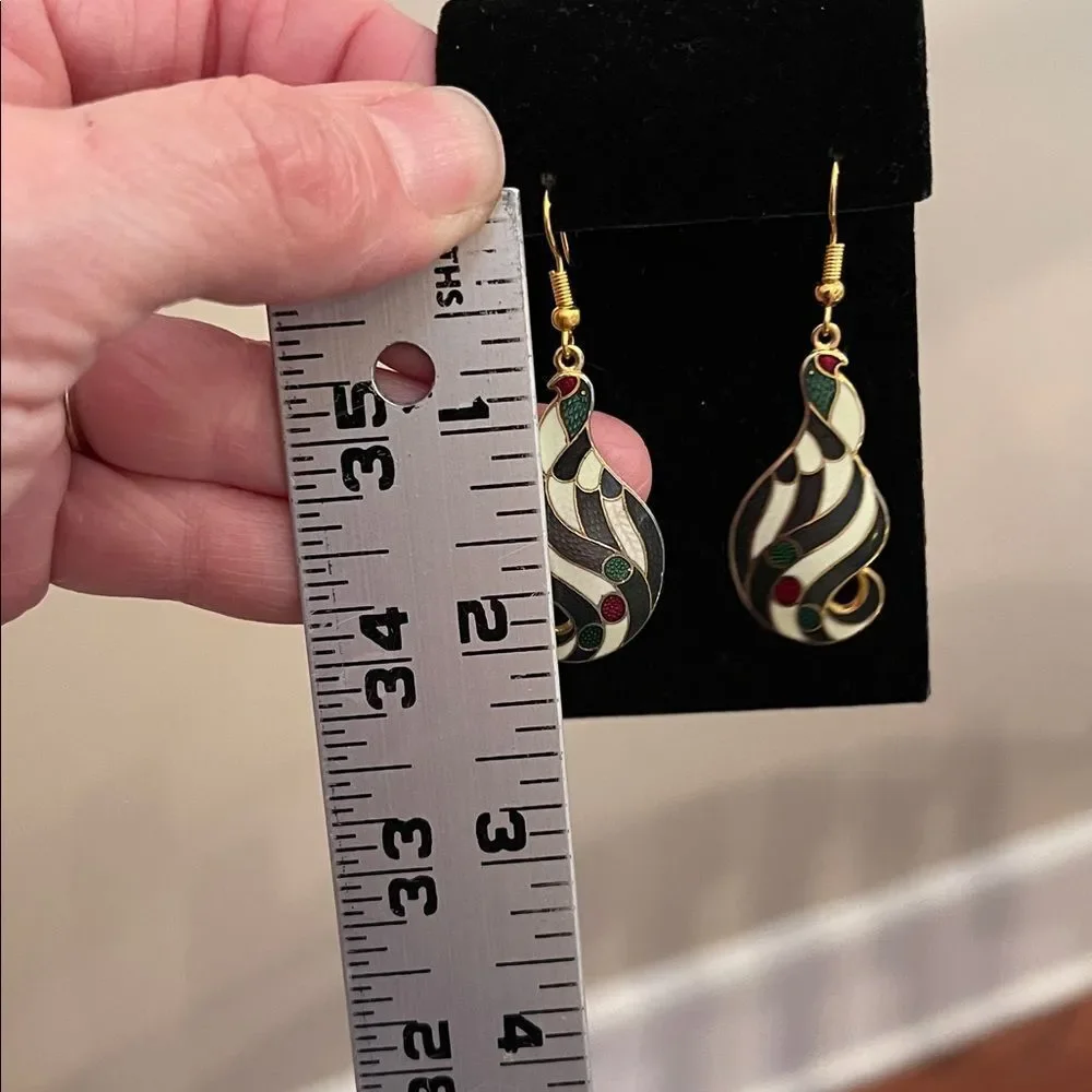 Vintage Cloisonné Black & White Striped Bird Earrings Multicolor Swirl Earrings